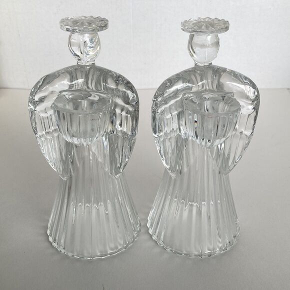 Vintage Clear Glass Lead Crystal Angel Taper Candle Stick Holders Set 2 Holiday - Picture 7 of 15